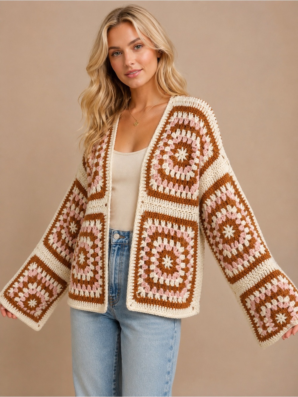 Tulabee Granny Square Crochet Cardigan Pink Brown Cream Boho Open 25591
